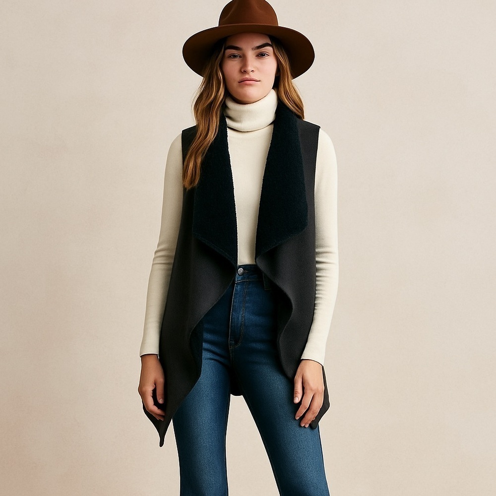 Splendid Sherpa-Lined Draped Vest — Dark Charcoal Gray / Black